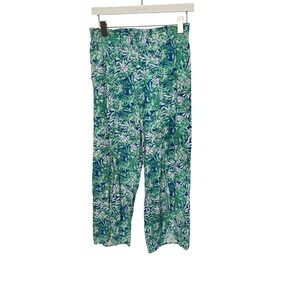 Land 'N Sea Tropical Palm Print Linen Blend Pants Womens Medium Green Wide Leg